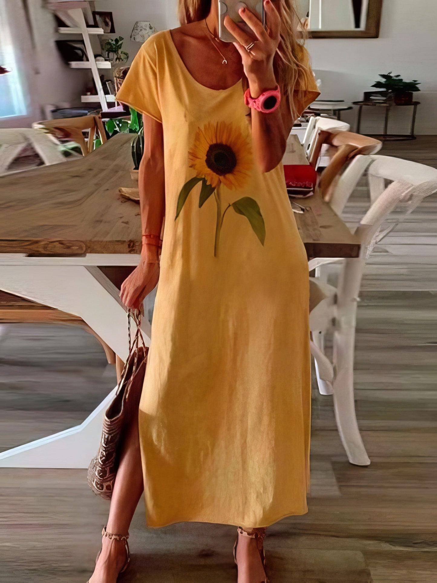 MsDressly Maxi Dresses Sunflower Print Short-sleeved Slit Dress DRE2107061693YELS