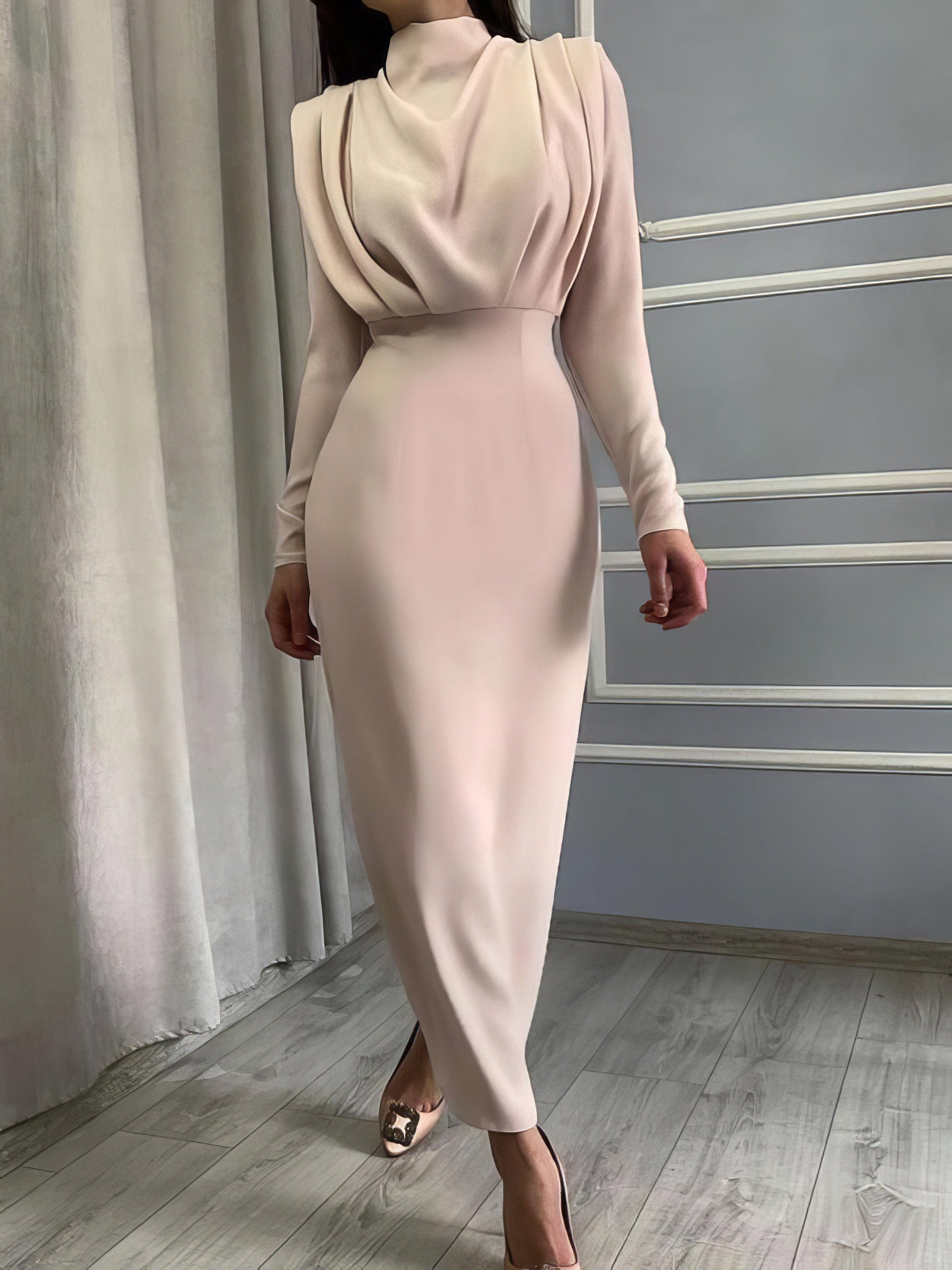 MsDressly Maxi Dresses Temperament Solid High Collar Pleated Long Sleeve Dress DRE2110132734APRS