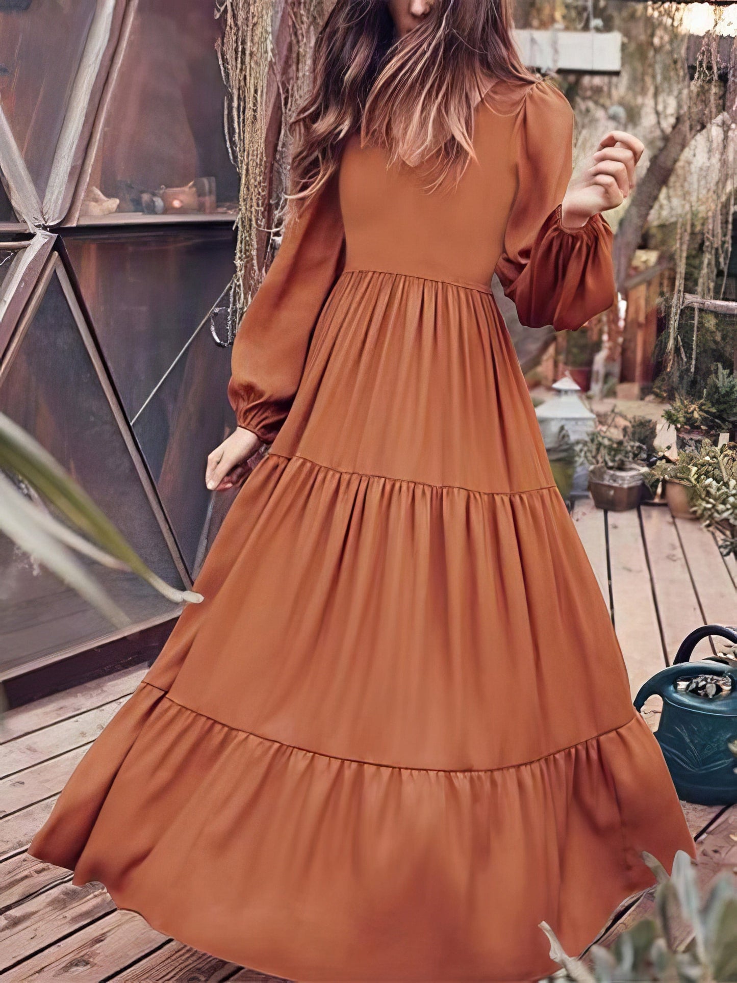 MsDressly Maxi Dresses Temperament V-Neck Long Sleeve Flowy Dress