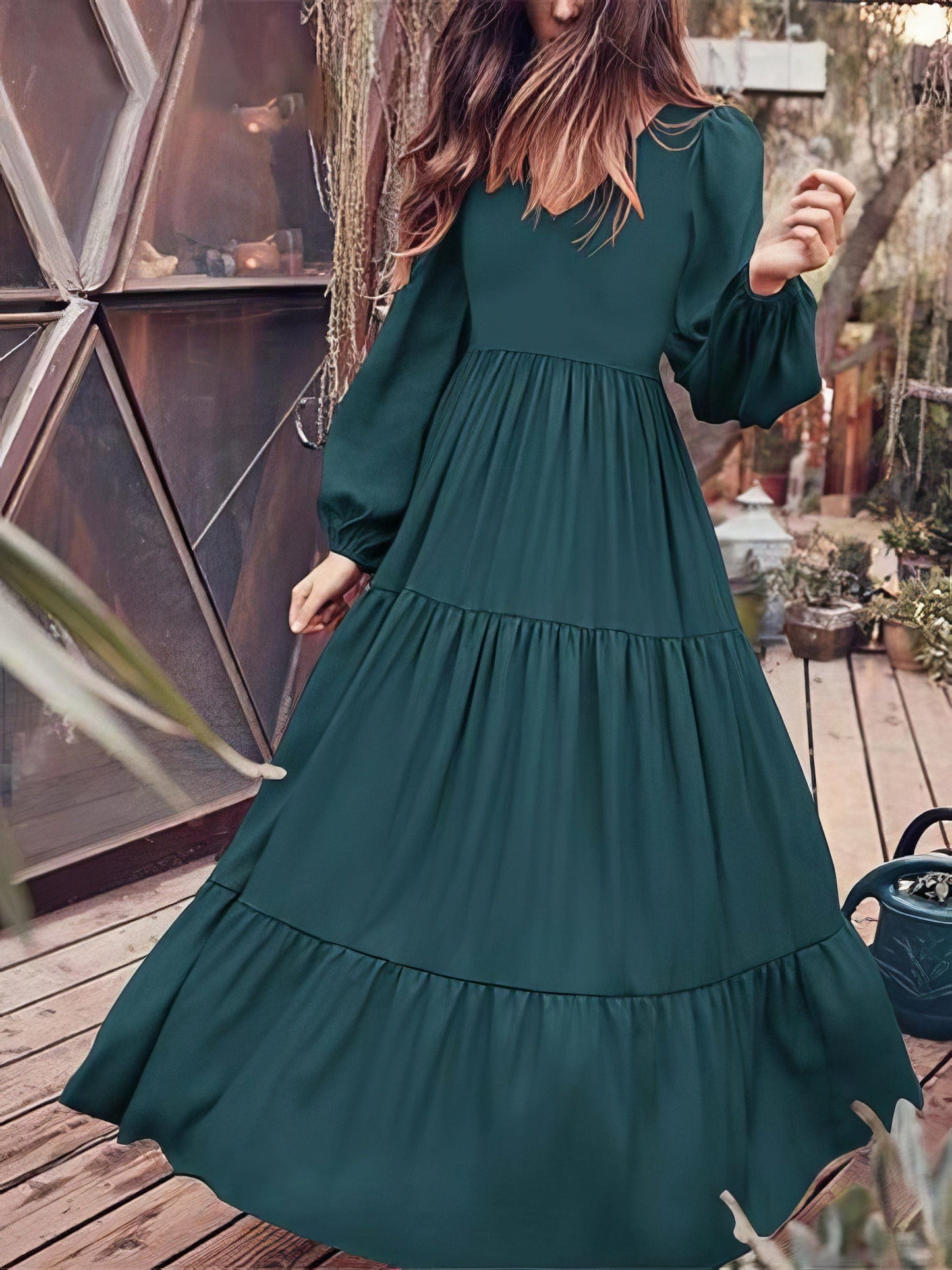 MsDressly Maxi Dresses Temperament V-Neck Long Sleeve Flowy Dress