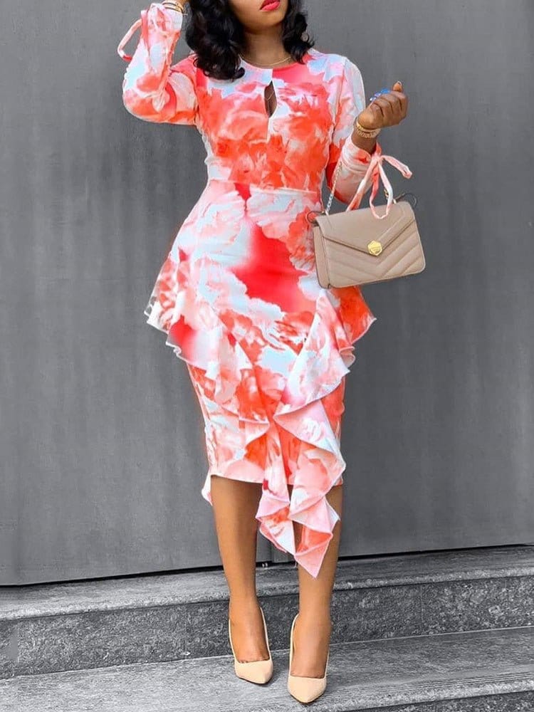 MsDressly Maxi Dresses Tie-Dye Printed Long Sleeve Ruffle Fitted Dress