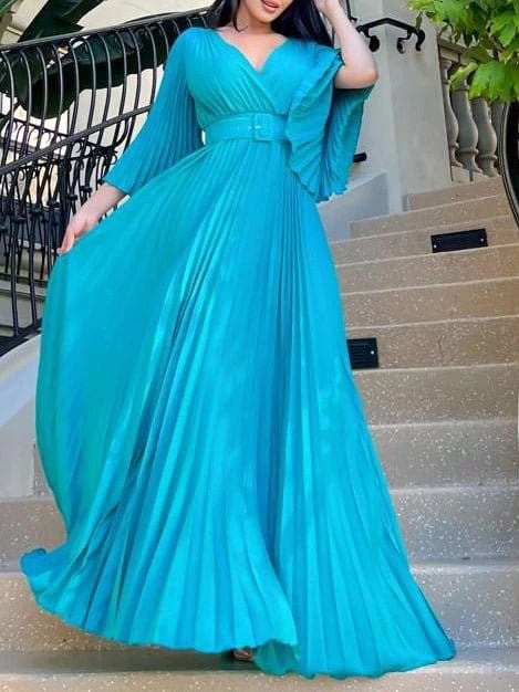 MsDressly Maxi Dresses V-Neck Long Sleeve Pleated Dress DRE2209235511SBLUS