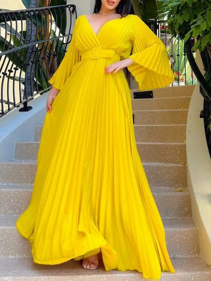 MsDressly Maxi Dresses V-Neck Long Sleeve Pleated Dress DRE2209235511YELS