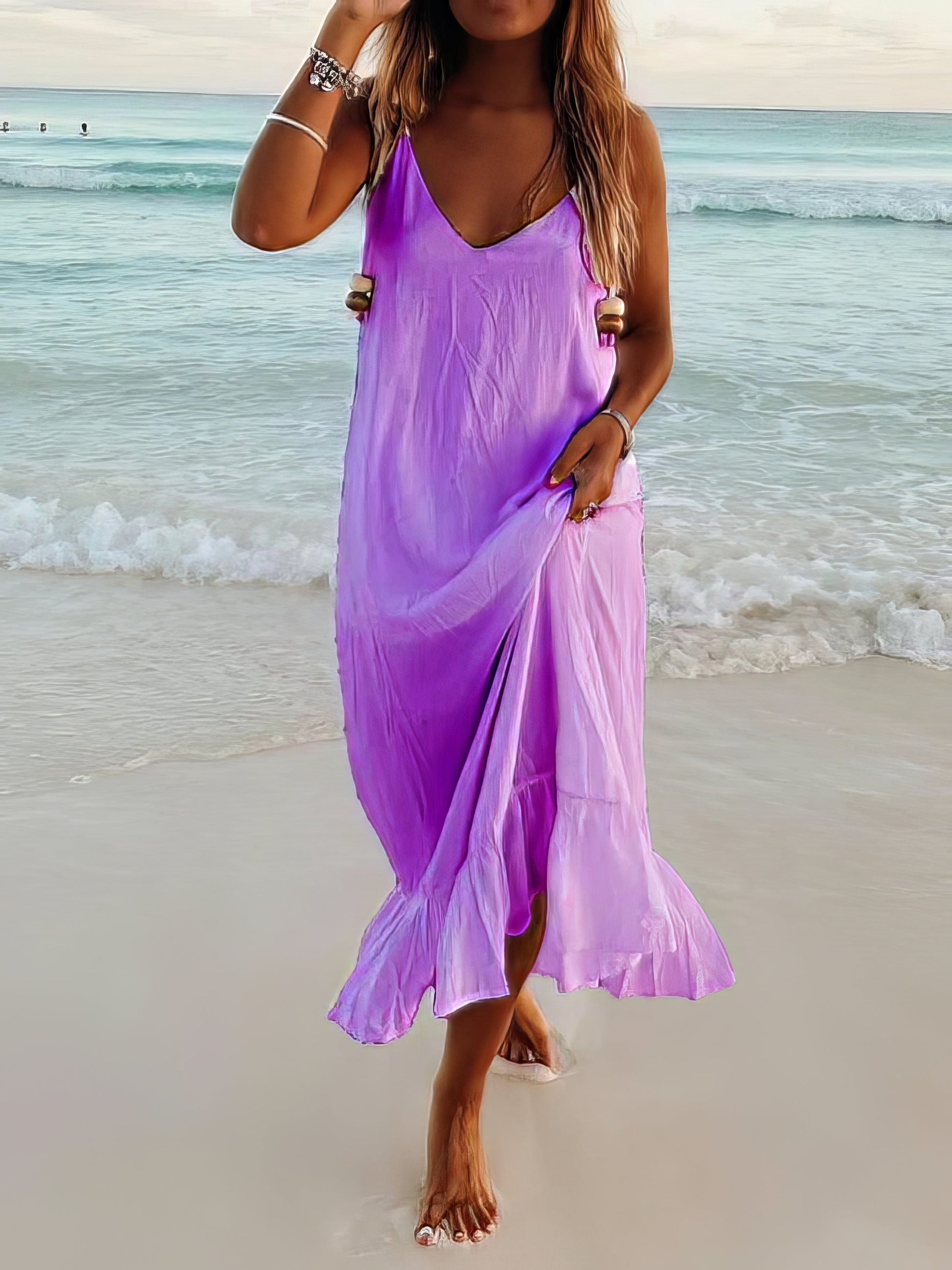 MsDressly Maxi Dresses V-Neck Sleeveless Beach Resort Boho Dress DRE2106291392PURS
