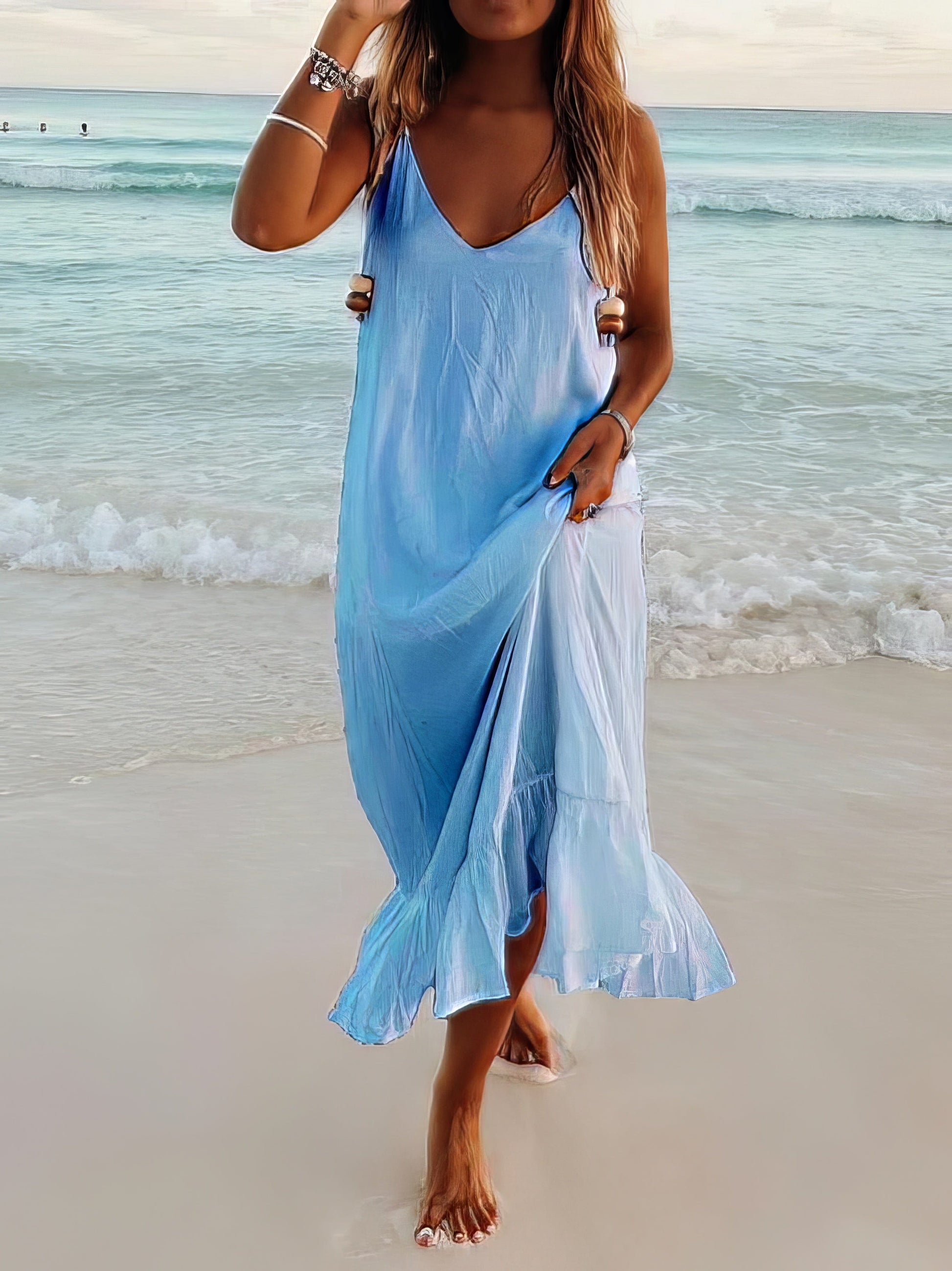 MsDressly Maxi Dresses V-Neck Sleeveless Beach Resort Boho Dress DRE2106291392SBLUS