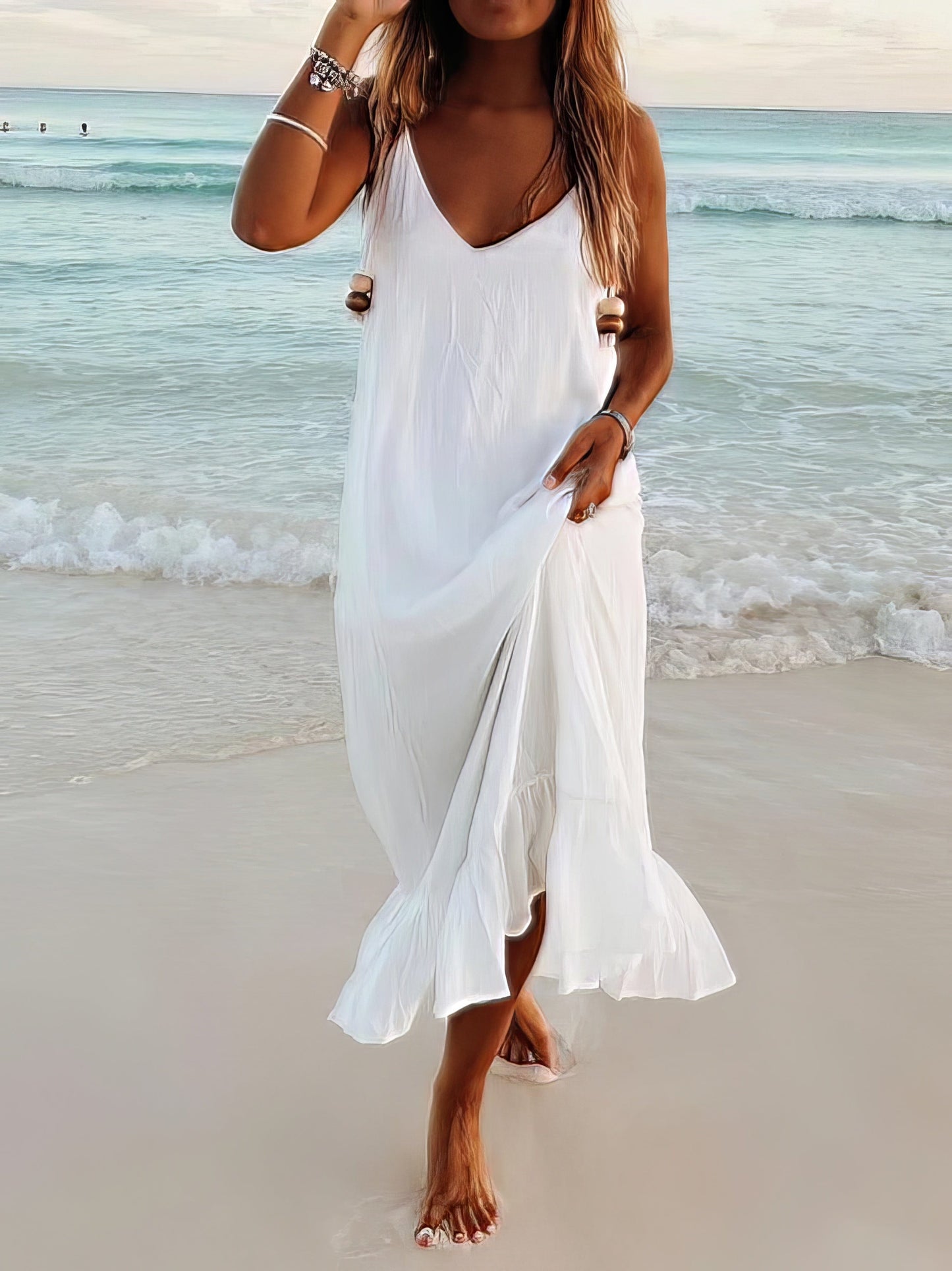 MsDressly Maxi Dresses V-Neck Sleeveless Beach Resort Boho Dress DRE2106291392WHIS