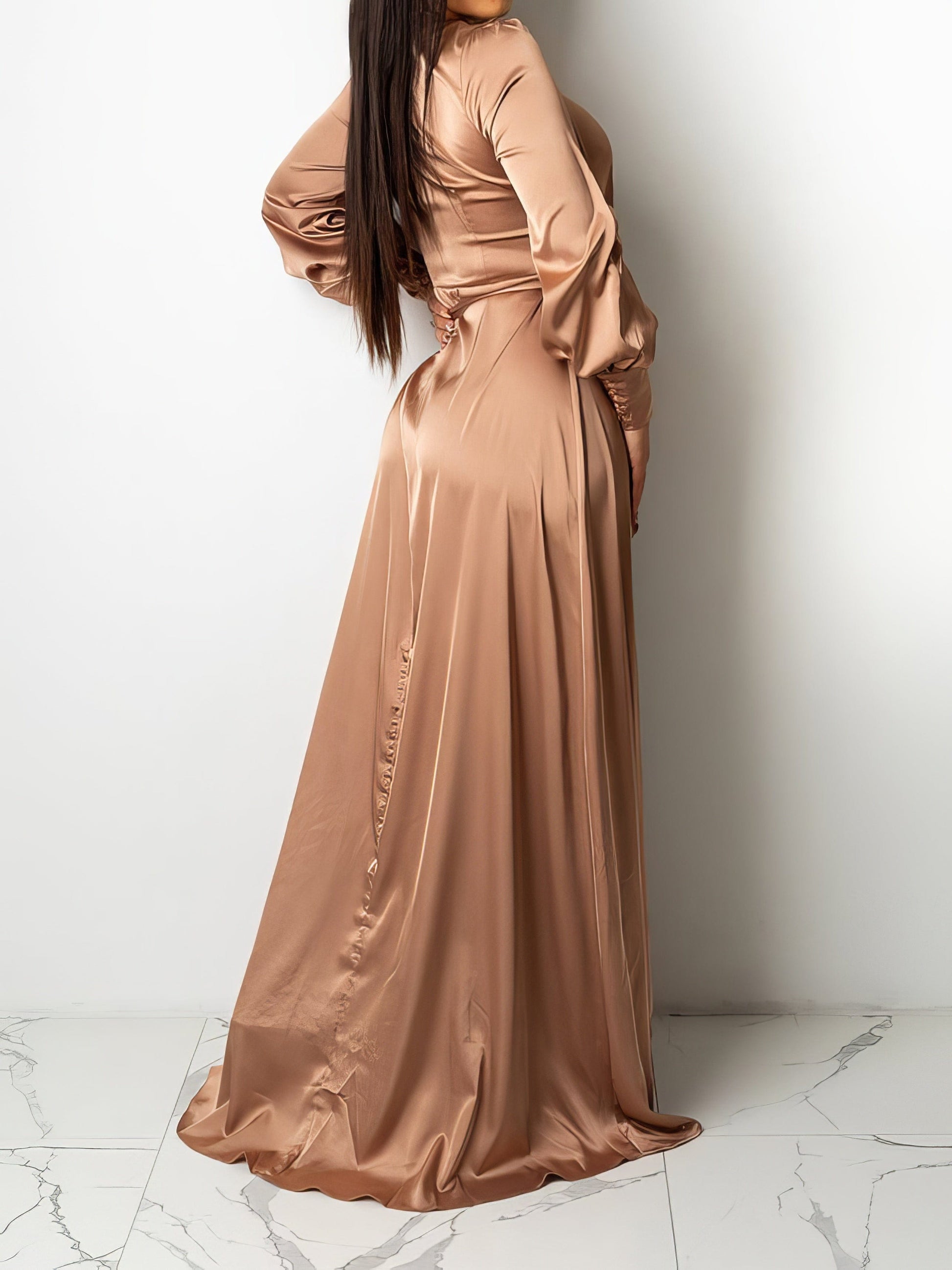 MsDressly Maxi Dresses V-Neck Solid Irregular Long Sleeve Dress