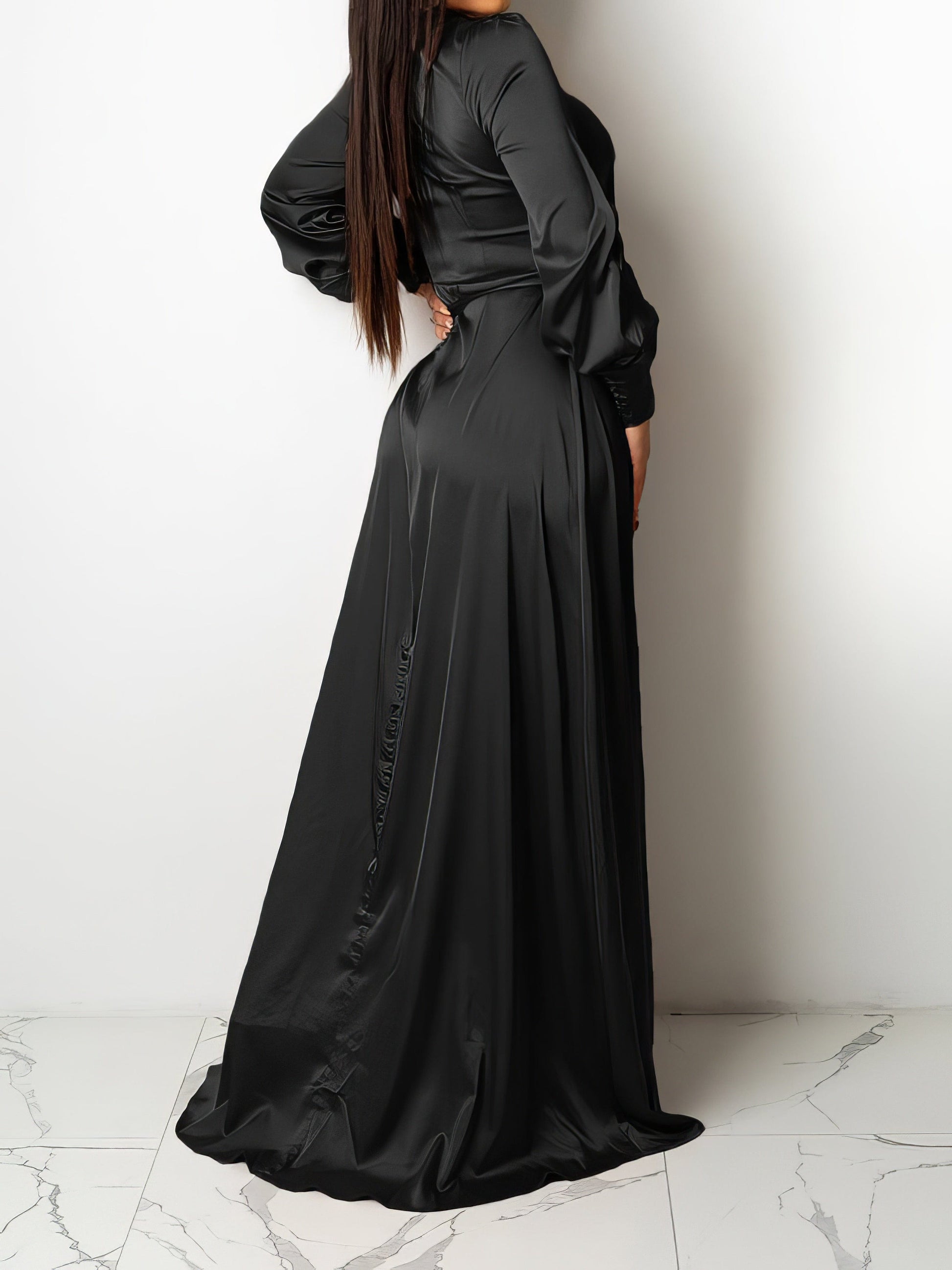 MsDressly Maxi Dresses V-Neck Solid Irregular Long Sleeve Dress