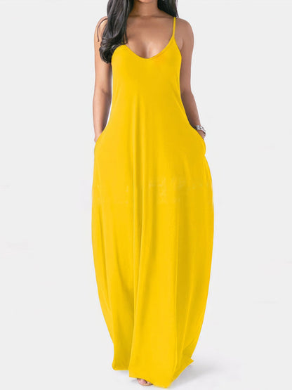 MsDressly Maxi Dresses V-neck Solid Pocket Casual Sling Dress DRE2107121853YELS