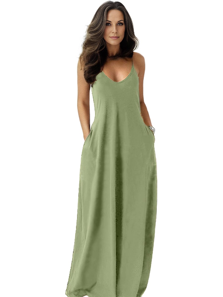 MsDressly Maxi Dresses V-neck Solid Pocket Casual Sling Dress