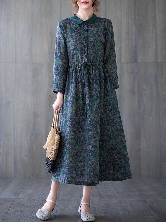 MsDressly Maxi Dresses Vintage Print Button Elastic Waist Long Sleeve Dress