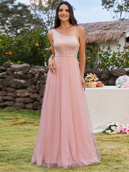 Maxi Long Sequin One Shoulder Tulle Wholesale Bridesmaid Dress