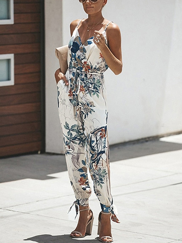 Women's Jumpsuit Drawstring Floral V Neck Casual Daily Holiday Harem Regular Fit Spaghetti Strap White Wine Army Green S M L Summer - LuckyFash™