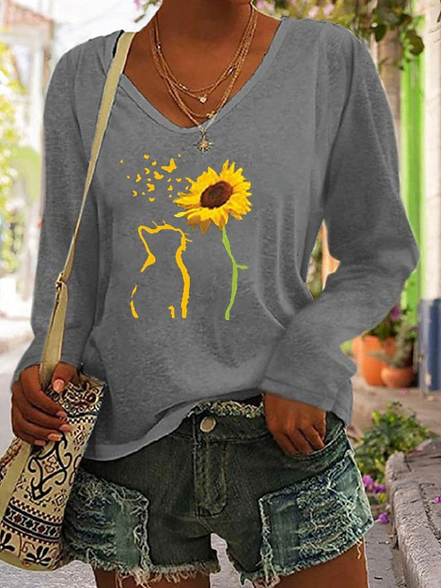 Women's T shirt Tee Black White Blue Cat Sunflower Print Long Sleeve Sports Weekend Basic V Neck Regular Cotton Floral Cat Painting S - LuckyFash™