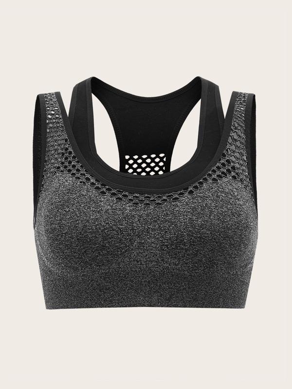 Medium Support Hollow Out False Two-piece Padded Sports Bra for Women