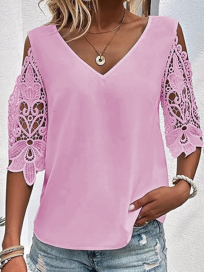 Women's Blouse White Pink Blue Plain Lace Cut Out Half Sleeve Daily Weekend Basic V Neck Regular S - LuckyFash™