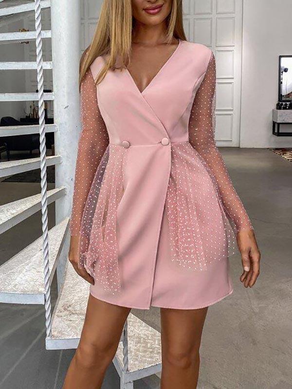 Mesh Sleeve Double Button Wrap Dress - LuckyFash™