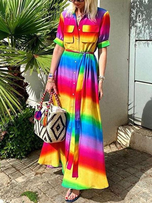 Mid-sleeve Rainbow Casual Long Skirt for Women