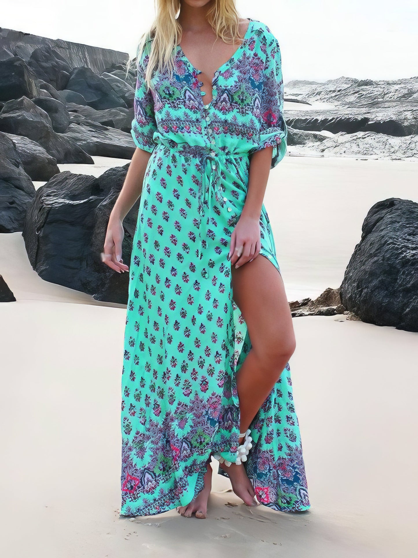 Maxi Dresses - Mid-sleeve V-neck Bohemian Long Dress - MsDressly