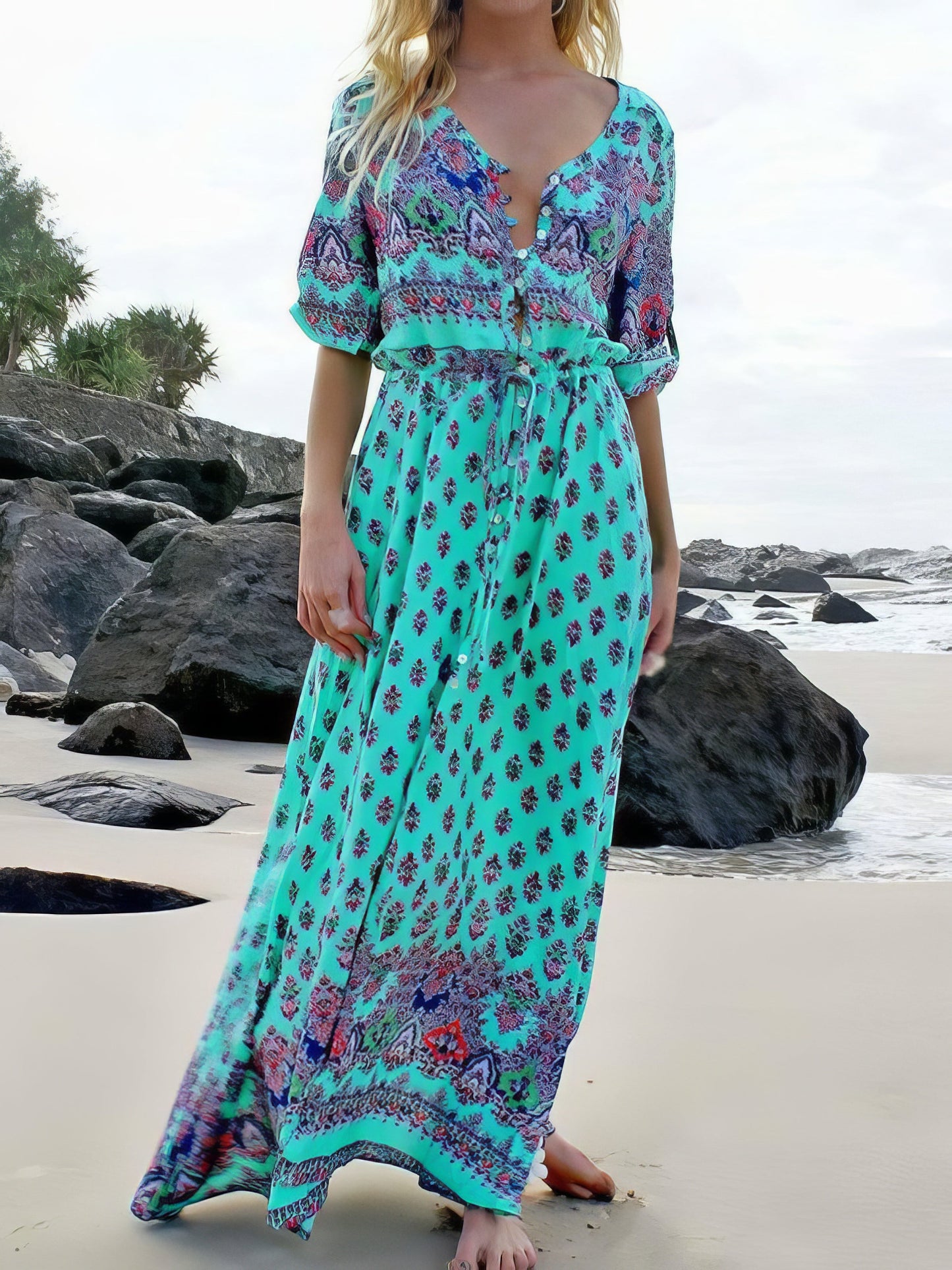 Maxi Dresses - Mid-sleeve V-neck Bohemian Long Dress - MsDressly