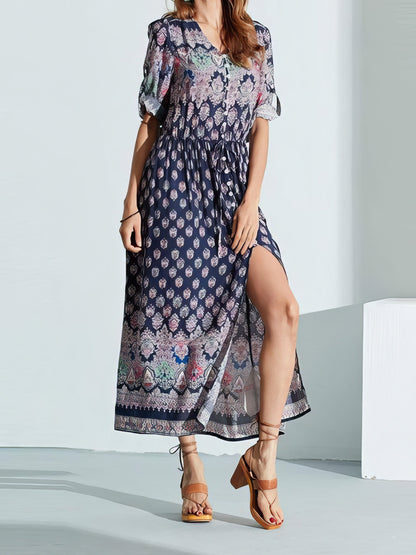 Maxi Dresses - Mid-sleeve V-neck Bohemian Long Dress - MsDressly