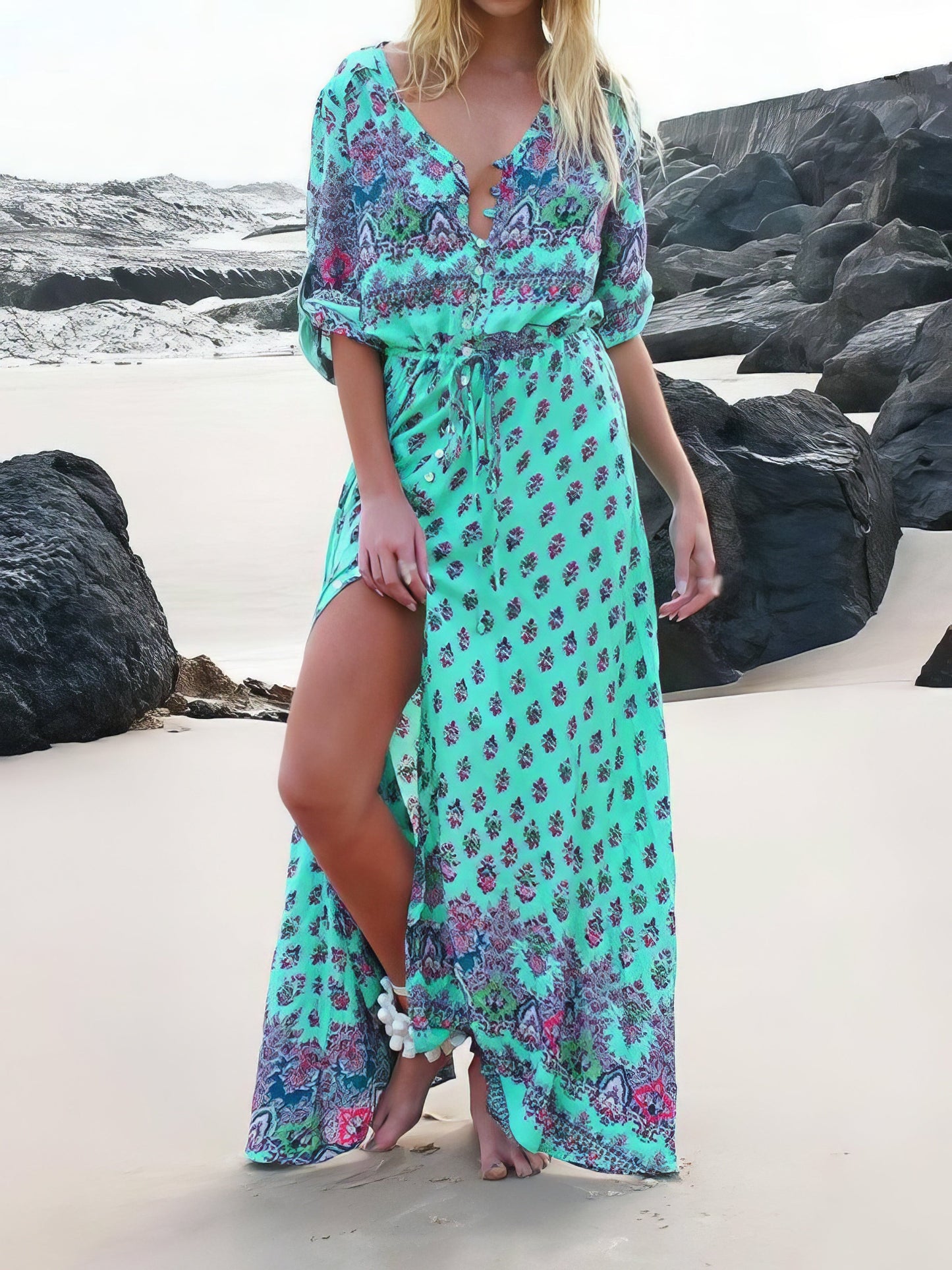 Maxi Dresses - Mid-sleeve V-neck Bohemian Long Dress - MsDressly