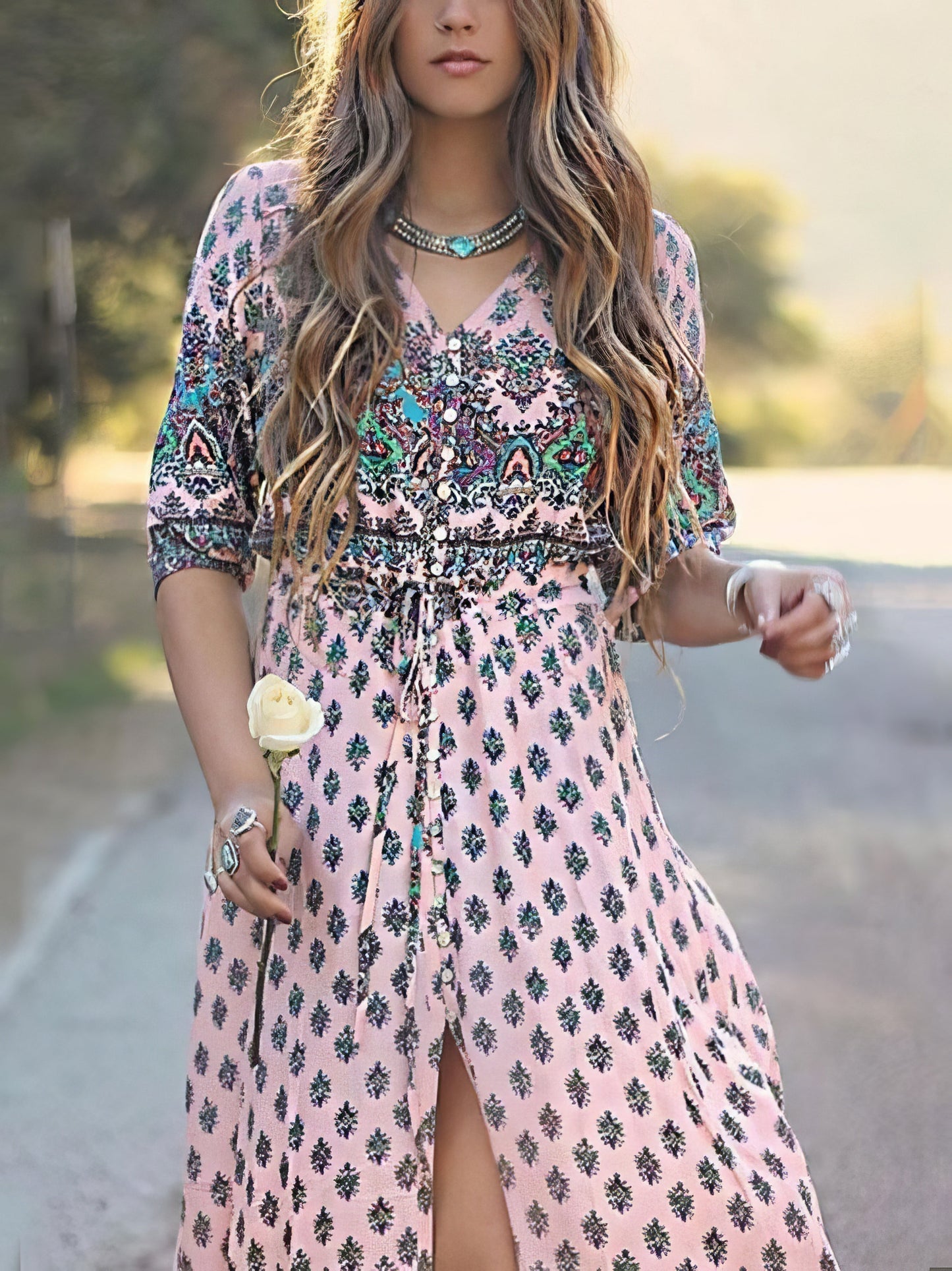 Maxi Dresses - Mid-sleeve V-neck Bohemian Long Dress - MsDressly