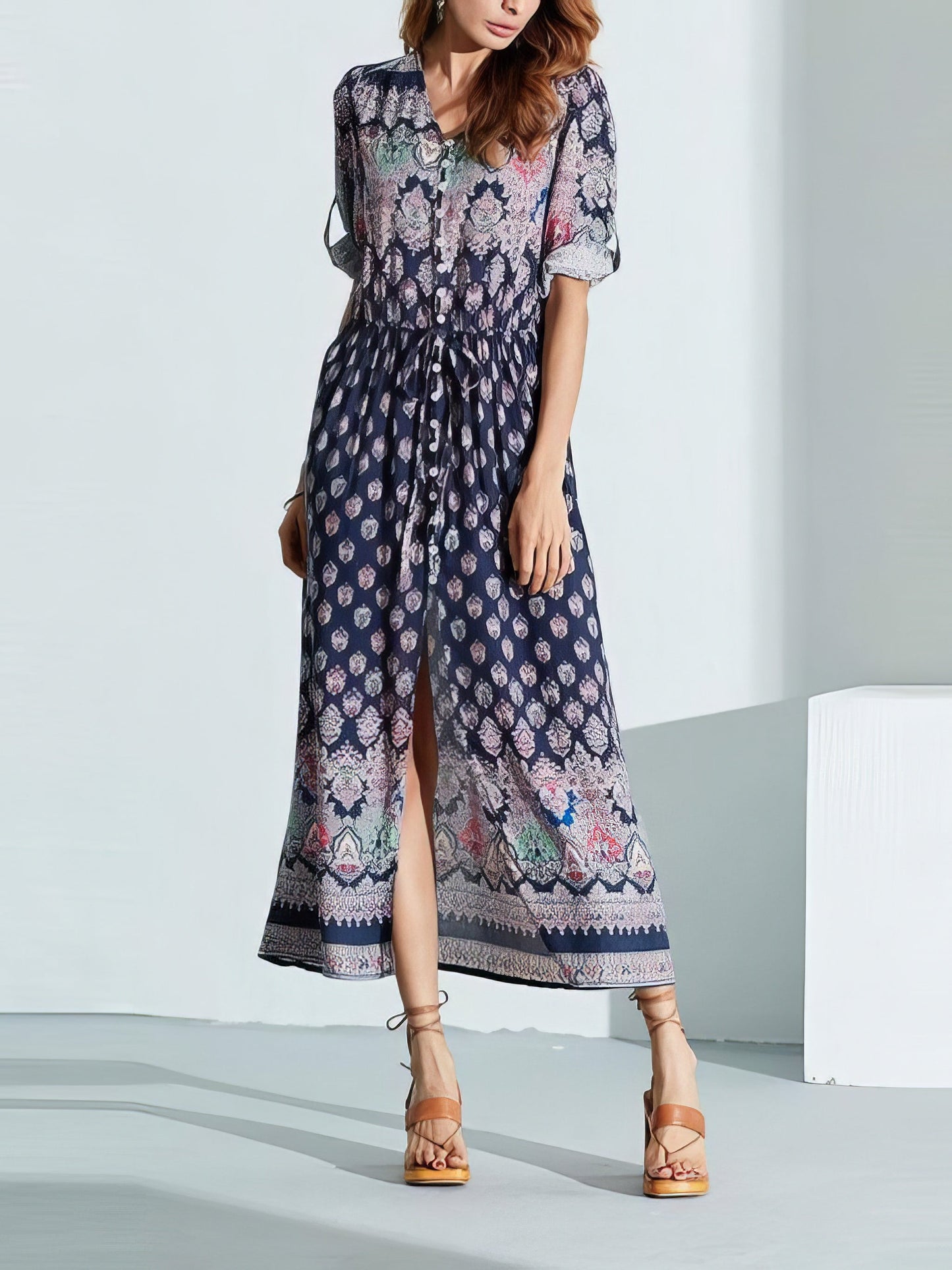 Maxi Dresses - Mid-sleeve V-neck Bohemian Long Dress - MsDressly