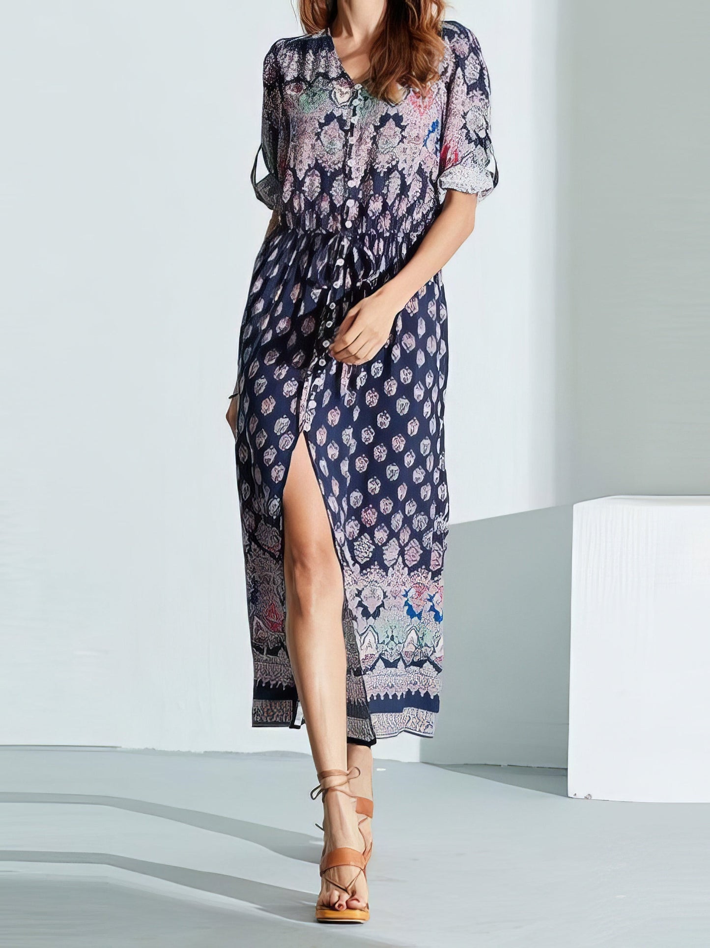 Maxi Dresses - Mid-sleeve V-neck Bohemian Long Dress - MsDressly