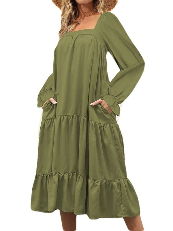 MsDressly Midi Dresses Elegant Square Neck Ruffle Midi Dress DRE2301060004GRES