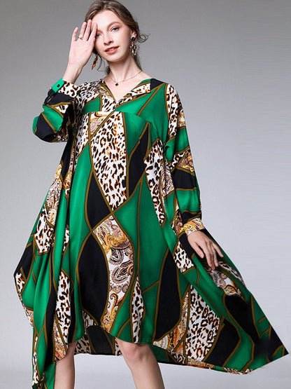 MsDressly Midi Dresses Loose Fashion Irregular Printed Long Sleeve Midi Dress DRE2303180076GREONESIZE