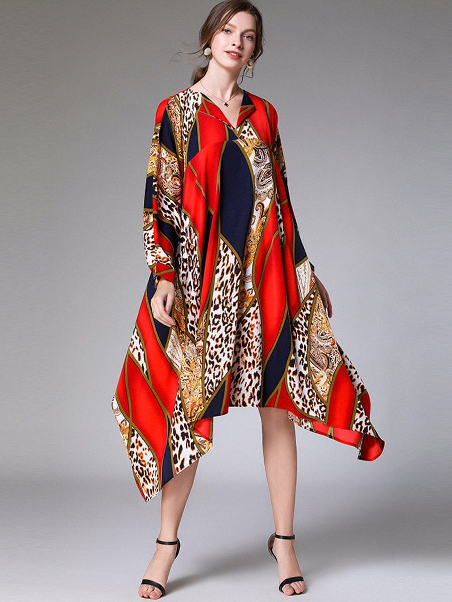 MsDressly Midi Dresses Loose Fashion Irregular Printed Long Sleeve Midi Dress DRE2303180076REDONESIZE