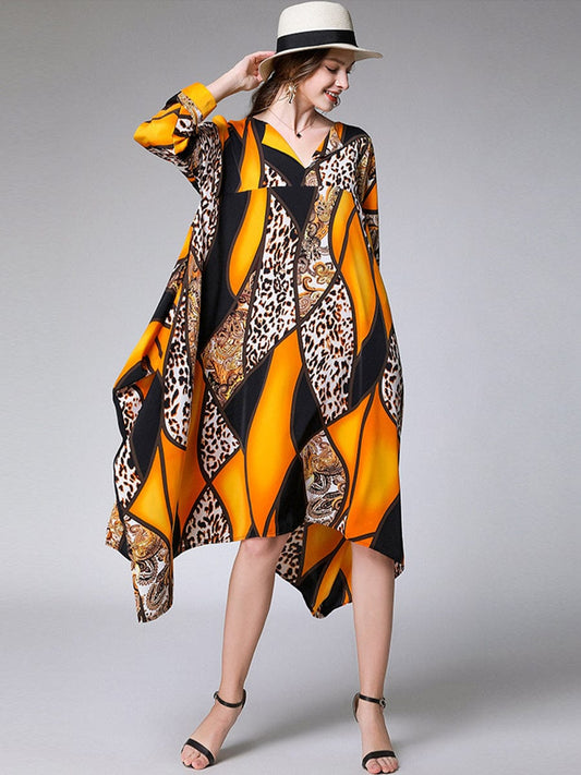 MsDressly Midi Dresses Loose Fashion Irregular Printed Long Sleeve Midi Dress DRE2303180076YELONESIZE