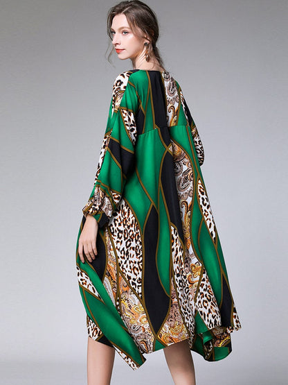 MsDressly Midi Dresses Loose Fashion Irregular Printed Long Sleeve Midi Dress