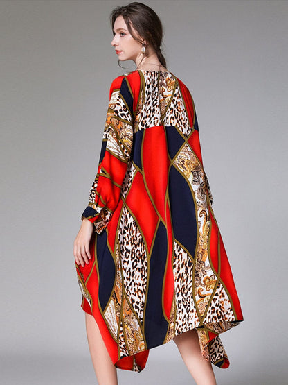 MsDressly Midi Dresses Loose Fashion Irregular Printed Long Sleeve Midi Dress