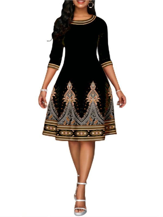 MsDressly Midi Dresses National Style Printed High Waist Mid Sleeve Midi Dress DRE2212215675BALS