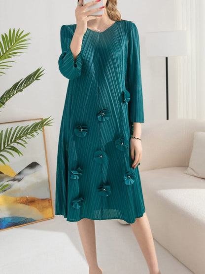 MsDressly Midi Dresses Pleated Solid Color V-Neck Nail Flower Loose Mid-length Midi Dress DRE2303140047BLAONESIZE