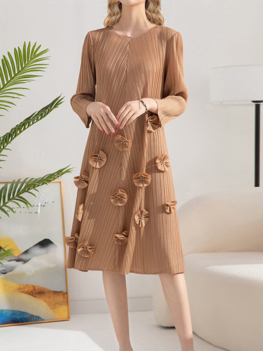 MsDressly Midi Dresses Pleated Solid Color V-Neck Nail Flower Loose Mid-length Midi Dress DRE2303140047KHAONESIZE