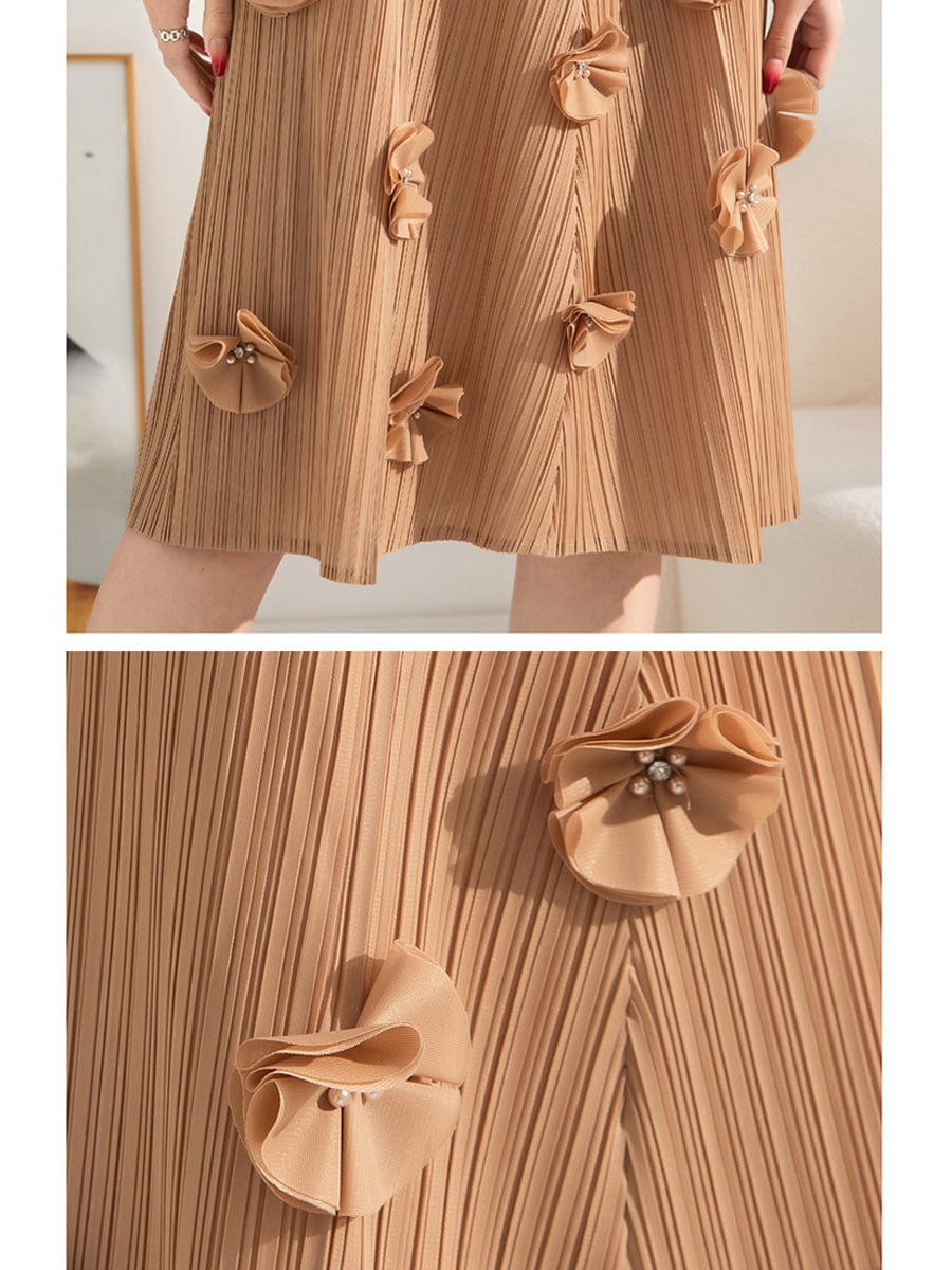 MsDressly Midi Dresses Pleated Solid Color V-Neck Nail Flower Loose Mid-length Midi Dress
