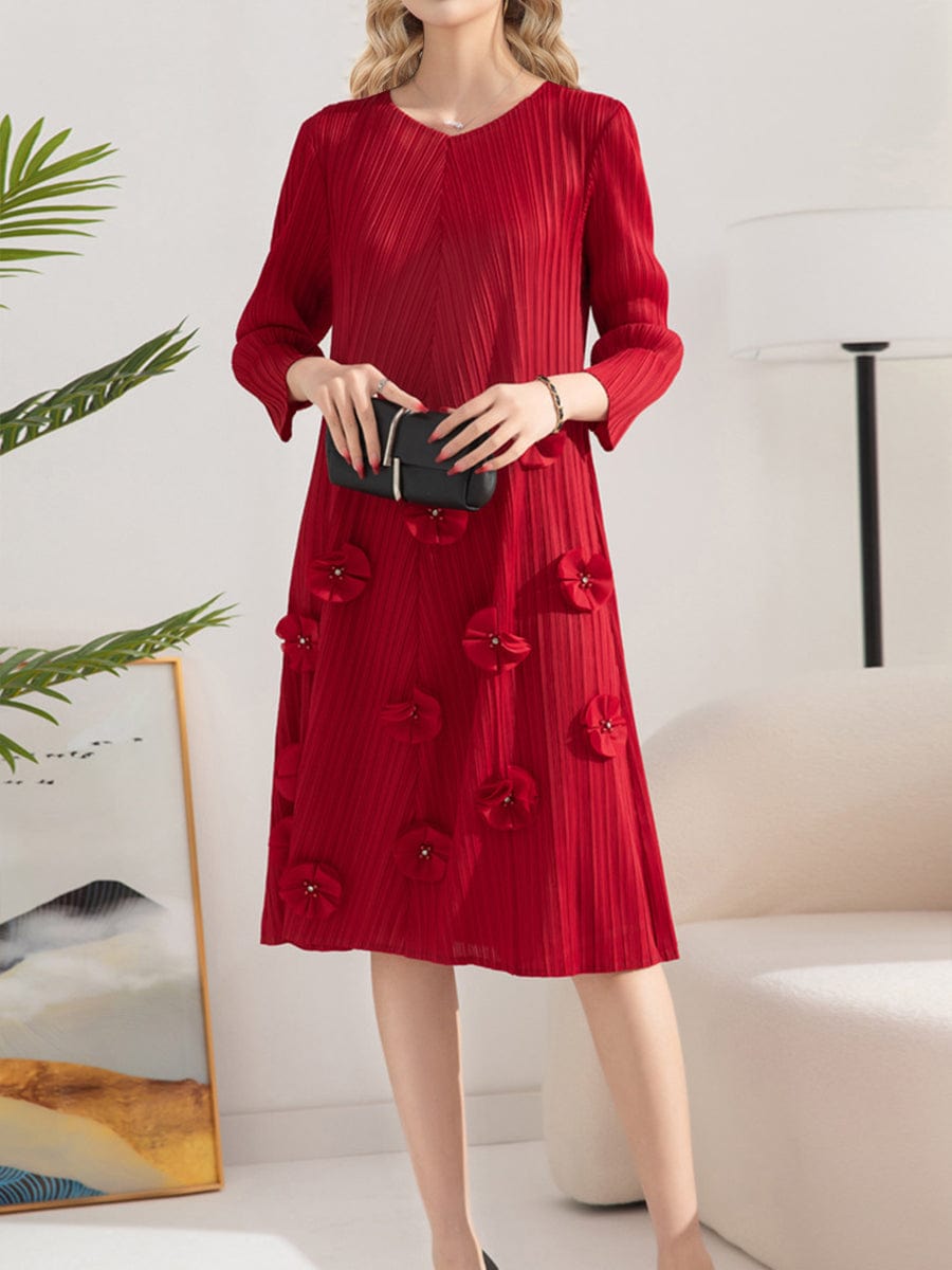 MsDressly Midi Dresses Pleated Solid Color V-Neck Nail Flower Loose Mid-length Midi Dress