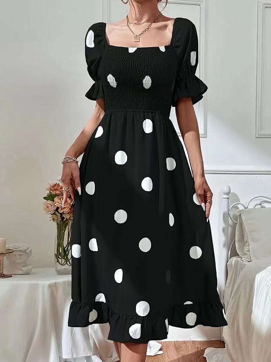 MsDressly Midi Dresses Polka Dot Print Puff Sleeve Frill Midi Dress DRE2304070145BLAS