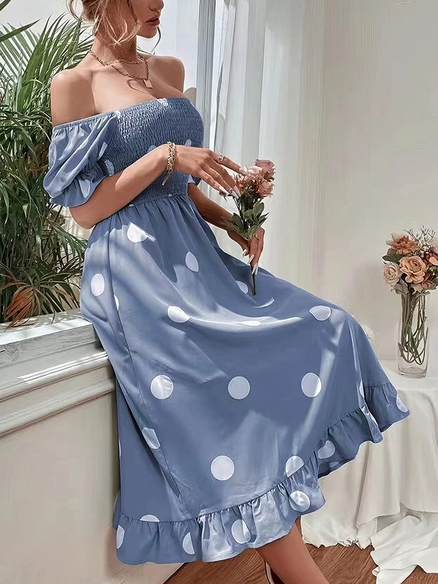 MsDressly Midi Dresses Polka Dot Print Puff Sleeve Frill Midi Dress DRE2304070145GRYS