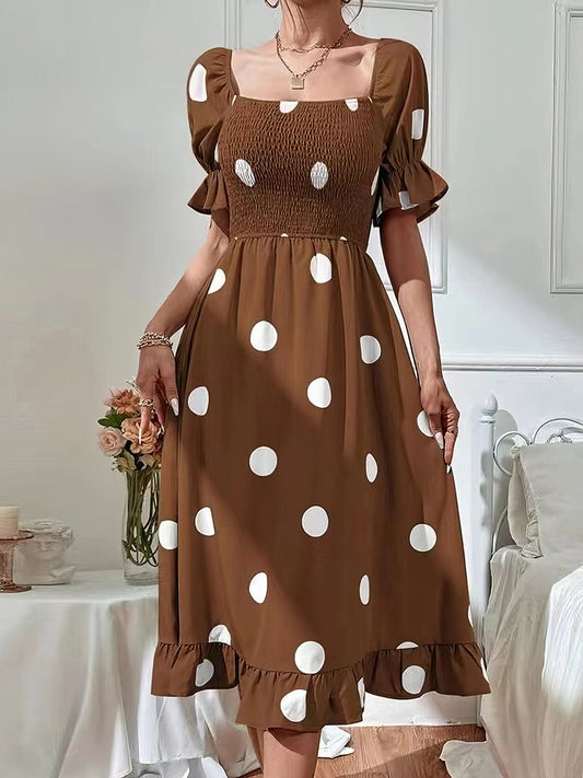 MsDressly Midi Dresses Polka Dot Print Puff Sleeve Frill Midi Dress DRE2304070145SBRS