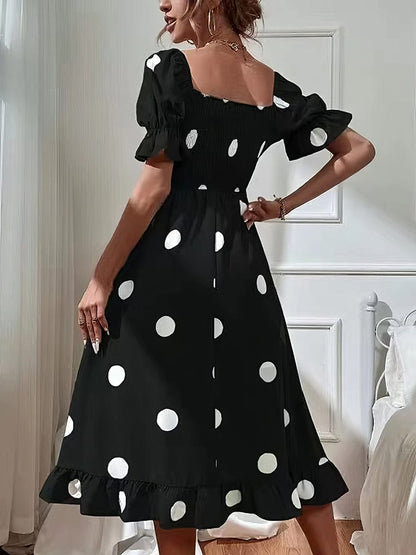 MsDressly Midi Dresses Polka Dot Print Puff Sleeve Frill Midi Dress