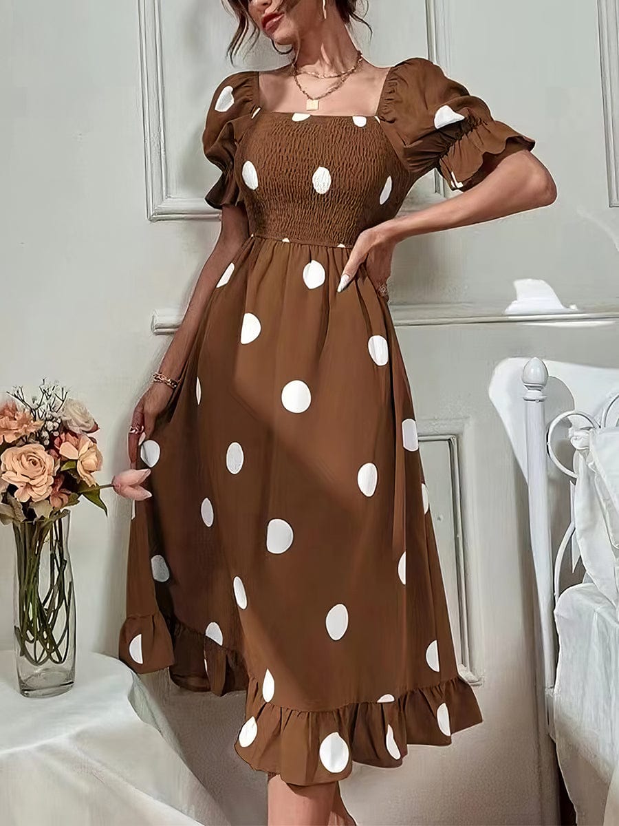 MsDressly Midi Dresses Polka Dot Print Puff Sleeve Frill Midi Dress