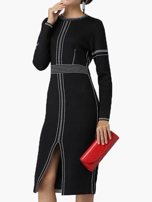 MsDressly Midi Dresses Round Neck Long Sleeve Slim Fit Slit Dress