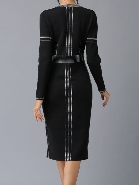 MsDressly Midi Dresses Round Neck Long Sleeve Slim Fit Slit Dress