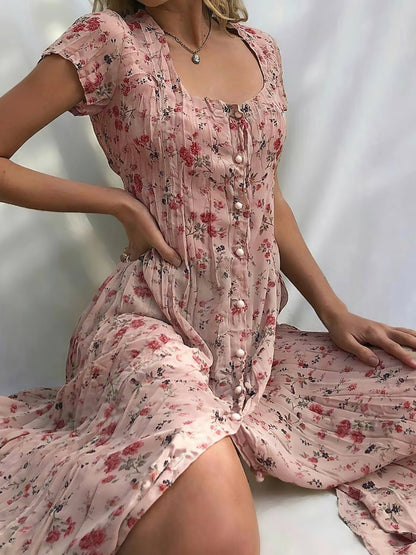 MsDressly Midi Dresses Single Breasted Floral Short Sleeve Dress DRE2202283644PINS
