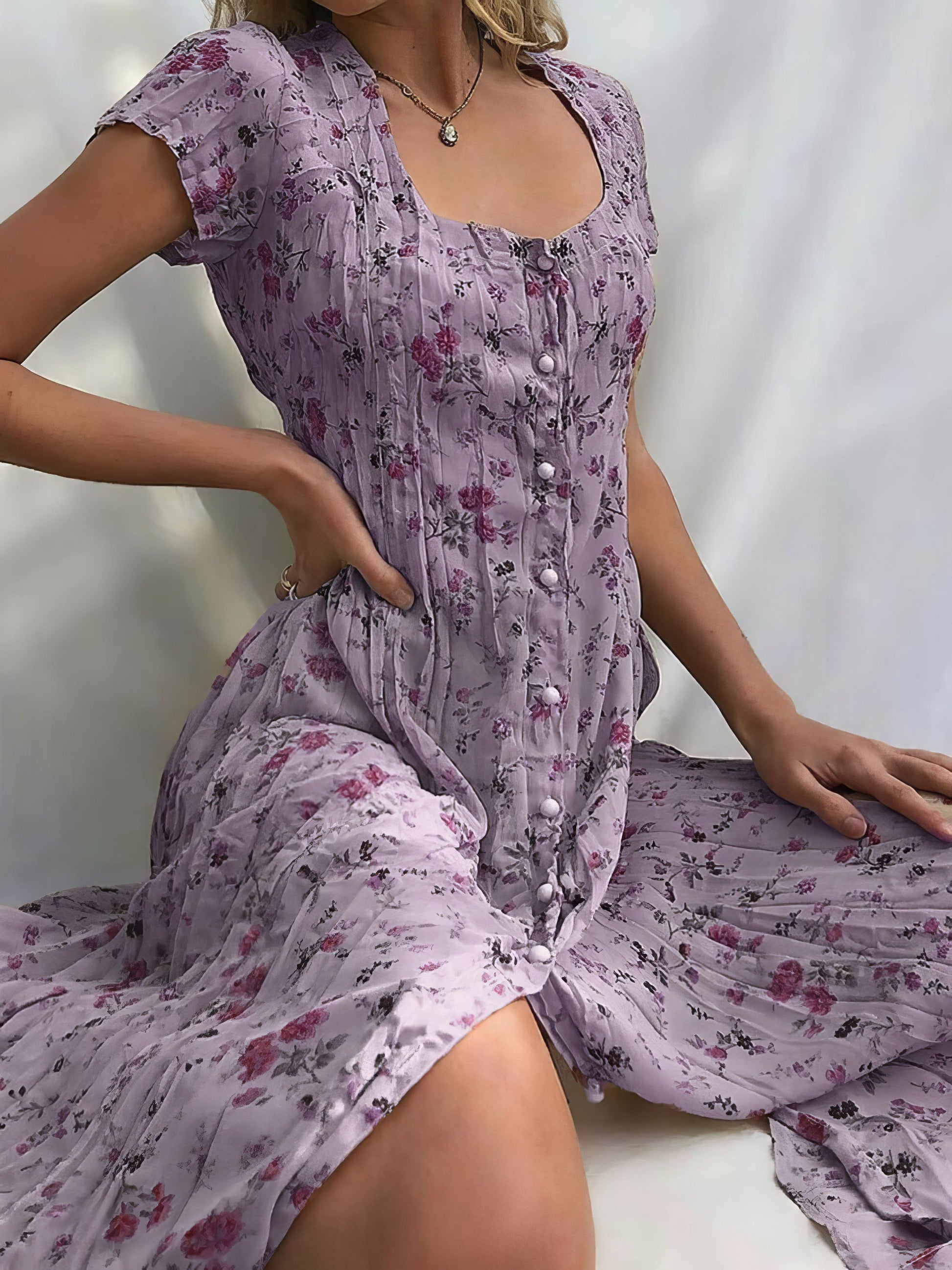 MsDressly Midi Dresses Single Breasted Floral Short Sleeve Dress DRE2202283644PURS