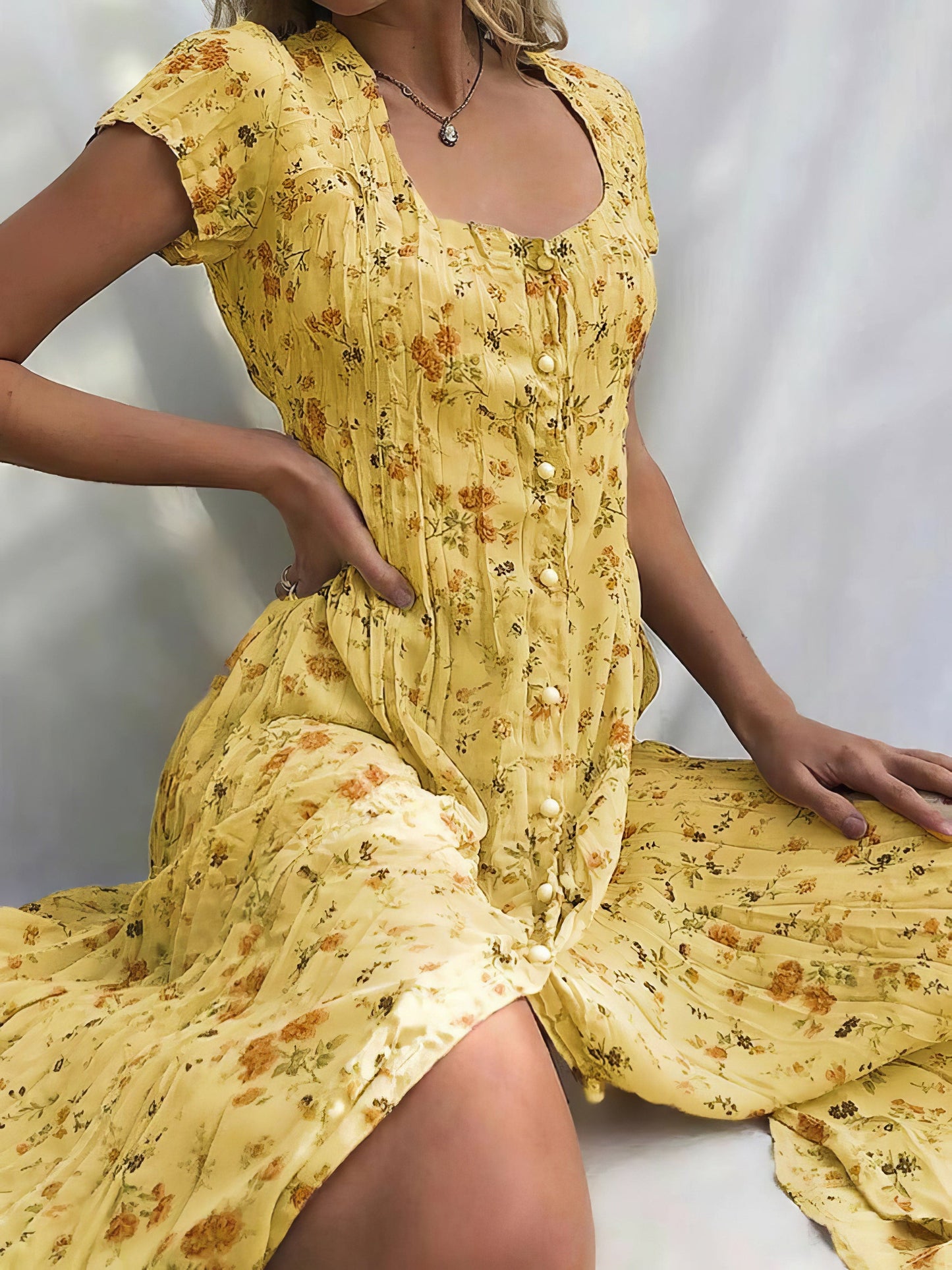MsDressly Midi Dresses Single Breasted Floral Short Sleeve Dress DRE2202283644YELS